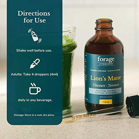 Extrato Líquido de Superalimento de Cogumelo do Leão Mane Canadense, Vegano, Livre de Álcool, Cultivado no Canadá – Auxílio Natural para o Cérebro, Melhora de Memória e Nervos - Forage Hyperfoods