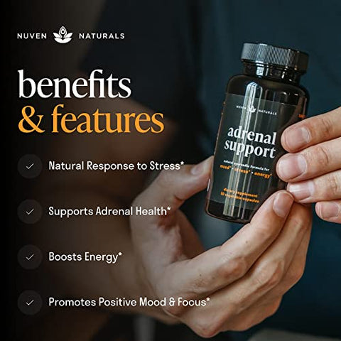 Nuven Naturals - Adrenal Support – Suplemento Natural para Fadiga Adrenal, Gerenciador de Cortisol com Extrato de Ashwagandha, Rhodiola Rosea, Manjericão Sagrado, Ervas Adaptogênicas para as Adrenais, Suporte ao Estresse