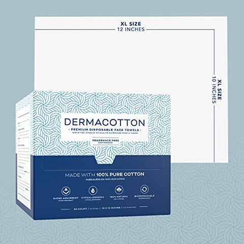 DERMACOTTON - Toalhas de Rosto Descartáveis 100% Algodão Biodegradáveis – Macias e Hipoalergênicas, para Remoção de Maquiagem e Todos os Tipos de Pele, Incluindo Sensíveis – 100 Toalhas Extra Grandes