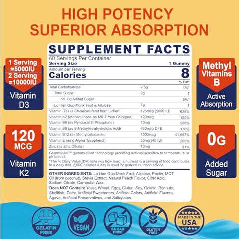 NEVISS - Vitamina D3 K2 Gomas Recheadas com Complexo de Vitamina B – Methyl B12, B9, B6 | Vitamina E | 5000UI D3 K2 (MK-7) 120mcg | Sem Açúcar