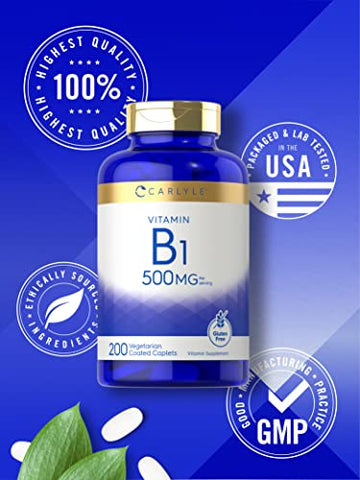 Vitamina B1 500mg (Tiamina) | 200 Cápsulas Vegetarianas | Suplemento Sem OGM e Glúten - Carlyle