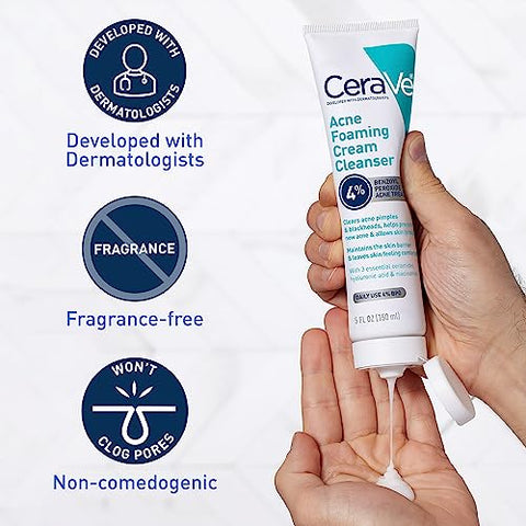 Creme Espumante de Limpeza para Acne | Tratamento para Rosto com 4% de Peróxido de Benzoíla, Ácido Hialurônico e Niacinamida | Fórmula Creme para Espuma | Sem Fragrância - CeraVe