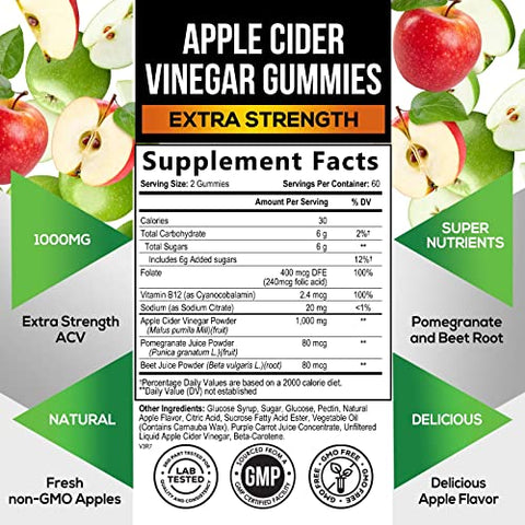 Health Nutrition Naturals - Gomas de Vinagre de Maçã Vegano | Máxima Potência 1000mg | Auxilia Digestão, Metabolismo | Sabor Natural de Maçã com Mãe | Sem Glúten