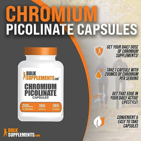 com – Picolinato de Cromo 200mcg – Cápsulas de Picolinato de Cromo, Suplemento de Cromo, Cápsulas de Cromo – Livre de Levedura, Livre de Glúten, 1 Cápsula por Porção, 365 Cápsulas - BulkSupplements
