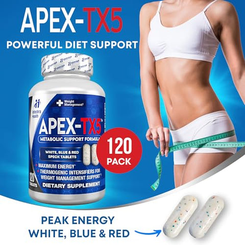 APEX-TX5 - Suplemento para Gerenciamento de Peso 120 Comprimidos Brancos Azuis Vermelhos com Pontos Fabricados nos EUA Alta Qualidade Profissional