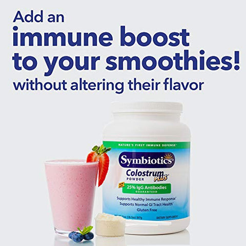 Colostrum Plus Pó 597g – Suporte à Imunidade – Melhora o Desempenho Atlético e Níveis Ideais de Ferro – Imunoglobulina – 25% Anticorpos lgG – Livre de Glúten - Symbiotics