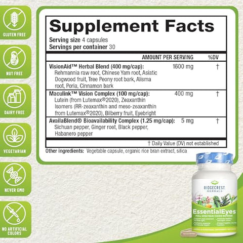 RidgeCrest Herbals - Ridgecrest Herbals EssentialEyes – Vitaminas Naturais para os Olhos, com Luteína, Zeaxantina e Extrato de Mirtilo, Suporte para a Saúde dos Olhos e Visão (120 Cápsulas Veganas, 30 Porções)