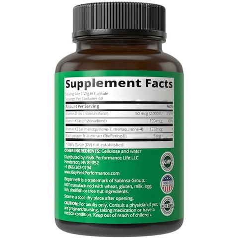 Advanced Vitamin D 2000 IU com Todos os 3 Tipos de Vitamina K – D3 e K2, K1, MK-7 (MK7), MK4. 60 Cápsulas Vegetais Pequenas e Fáceis de Engolir - Peak Performance