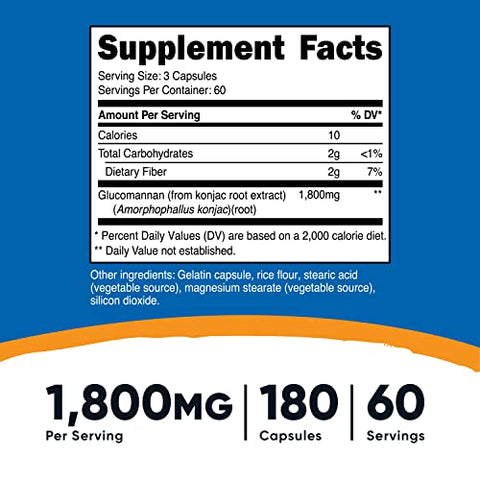 Glucomannan 1.800mg por Porção, 180 Cápsulas (2 Frascos) – Aumente a Visibilidade do Produto - Nutricost