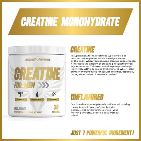 Maverick Nutrition - Creatina em Pó para Homens – Monohidrato de Creatina em Pó – Suplemento de Creatina – Suplementos de Creatina para Homens – 100% Pura – 300g