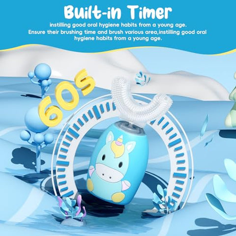 WKSHUNLI - Escova de Dentes Elétrica Infantil, U Shaped com 4 Cabeças de Escova, Ultrassônica Automática com 2 Modos para Idade de 2-12 Anos, Escova de Dentes Completa à Prova d’Água IPX7