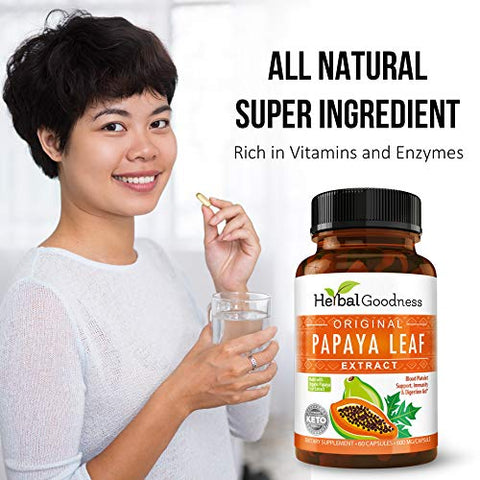 Herbal Papaya - Extrato de Folha de Mamão – Enzimas Digestivas 10X mais Potentes 60/600mg Cápsulas Vegetais – Plaquetas Sanguíneas, Medula Óssea