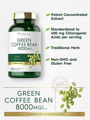 Extrato de Café Verde | 8000 mg | 300 Cápsulas | Fórmula Livre de Transgênicos e Glúten | Suplemento Herbal Tradicional - Carlyle
