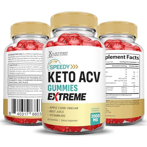 Justified Laboratories - Speedy Keto Gummies Extreme 2000MG – Fórmula Avançada de Gomas de Vinagre de Maçã com Romã e Beterraba em Pó B12 Vegan Non GMO 60 Gummys