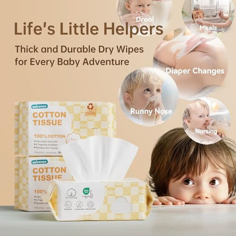 Toalhas de Rosto Ultra Macias | Lenços de Algodão 100% USA | Uso Úmido e Seco | Hipoalergênicas e Sem Perfume | Necessidades do Bebê para Trocas de Fraldas, Refeições e Limpeza Rápida On-the-go | - Winner