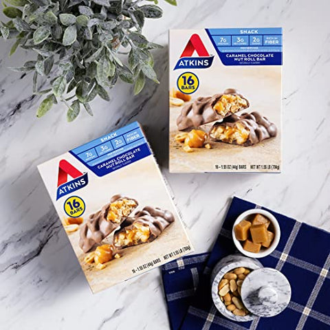 Barra de Lanche Caramel Chocolate Nut Roll, Snack Proteico, Rico em Fibras, 2g Açúcar, 16 Unidades - Atkins