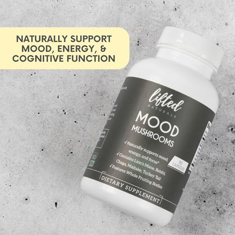 Lifted Naturals - Mood Mushrooms – Suplemento de Cogumelos Elevados – Cogumelo do Leão, Reishi, Chaga, Cauda de Peru, Maitake – Energia, Foco, Alívio do Estresse – Marca Mood Mushrooms