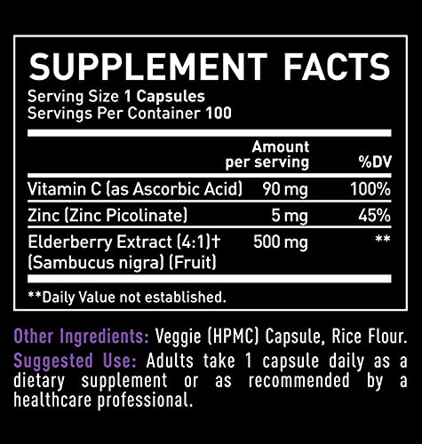Cápsulas de Sabugueiro Max Strength com Zinco e Vitamina C | 500mg para Suporte ao Sistema Imunológico com Sabugueiro Negro Sambucus | 100 Unidades | Suporte Imunológico 3 em 1 para Adultos - Zeal Naturals