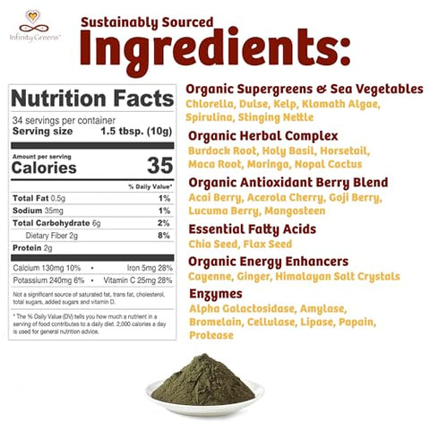 Infinity Greens - Pó Superfood | Suco Verde à Base de Alga Azul Verde com 28 Superfoods Orgânicos | Sem Preenchedores ou Gramíneas | Energia