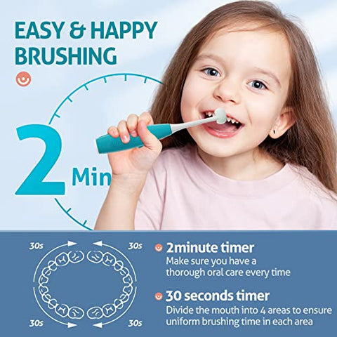 Escova de Dentes Elétrica Infantil 3 Lados, Escova de Dentes Sônica para Crianças com 2 Cabeças de Escova, Temporizador Inteligente 5 Ajustes, À Prova d’Água IPX7, Cabo USB - RAZOKO