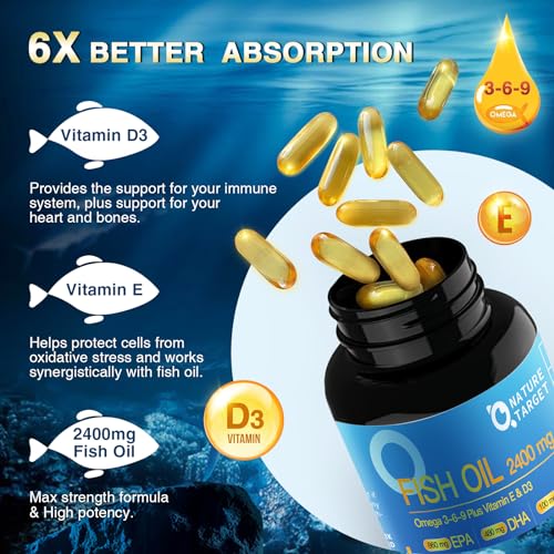 NATURE TARGET - Triple Omega 3 6 9, Óleo de Peixe 2400mg Cápsulas com Vitamina D3 – Benefícios para a Saúde