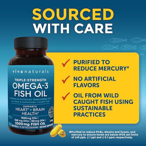 Viva Naturals - Omega 3 Fish Oil – 2500 mg Triplo Forte com Ácidos Graxos Ômega 3 Re-Esterificados, EPA, DHA, DPA – 180 Cápsulas Softgel Amigáveis aos Pescetarianos