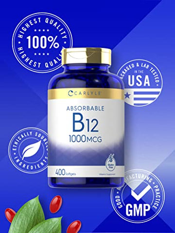 Vitamina B12 Absorvível 1000mcg | 400 Softgels | Sem OGM e Livre de Glúten | Marca Carlyle - Carlyle
