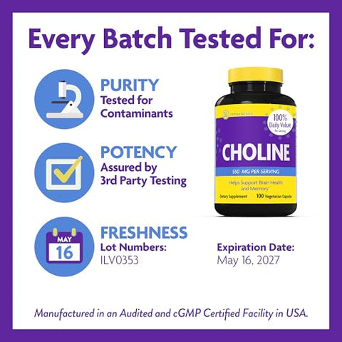 Choline 550mg – Suplemento Puro de Bitartarato de Colina para Saúde Cerebral, Foco, Memória, Desenvolvimento Cognitivo, Fígado Gorduroso e Suporte de Humor para Mulheres e Homens – 100 Cápsulas - InnovixLabs