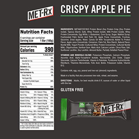 Big 100 Barra de Proteína, Substituto de Refeição, 30g Proteína, Sem Glúten, Torta de Maçã Crocante, 100g cada, 8 Unidades (Embalagem Pode Variar) - MET-Rx