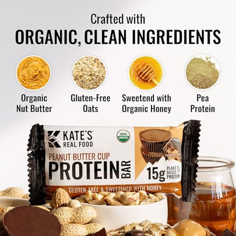 Kate's - Barras de Proteína Orgânicas Kate’s Real Food – (Peanut Butter Cup, 62g, Pacote com 12) – Barras de Proteína à Base de Plantas – Livre de Glúten, Soja, Não-OGM, Grãos Integrais e 100% Natural