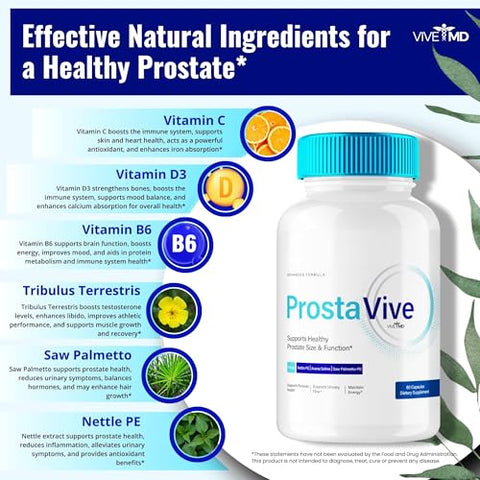 VIVE MD - ProstaVive – Cápsulas para Saúde da Próstata, Força Máxima, Natural – Suporte Normal