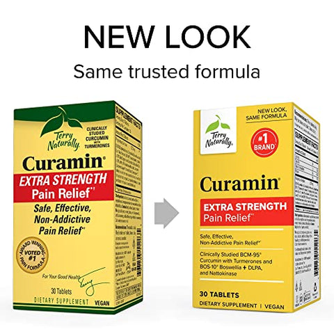 Curamin Extra Forte – 30 Comprimidos – Alívio Não Viciante da Dor com Curcumina, Boswellia, DLPA – Marca Terry Naturally - Terry Naturally