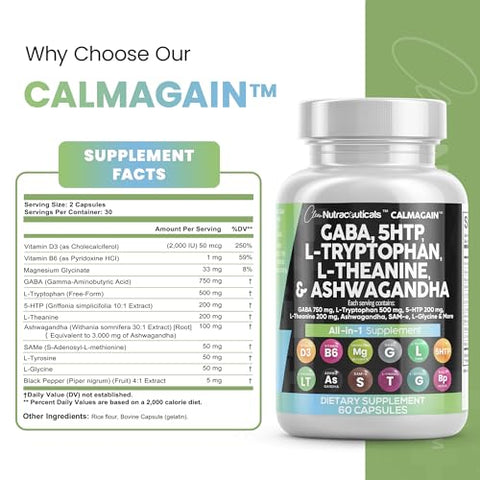 Suplemento para o Humor com GABA 750mg, 5 HTP 200mg, L Triptofano 500mg, L Teanina 200mg, Ashwagandha 3000mg, SAM-e, L-Glicina e L-Tirosina – Vitamina para Homens e Mulheres – Contagem - Clean Nutraceuticals