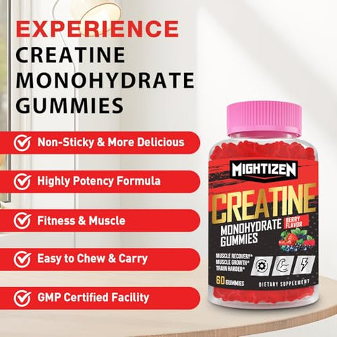 Mightizen - 5000mg de Creatina para Mulheres, Complexo de Gomas de Creatina Monohidratada, Gomas Pré-Treino de Creatina com Taurina