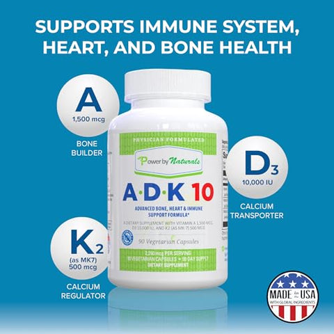 Suplemento Vitamínico ADK 10 de Alta Potência com Vitaminas A, D3 10.000 UI - Power By Naturals