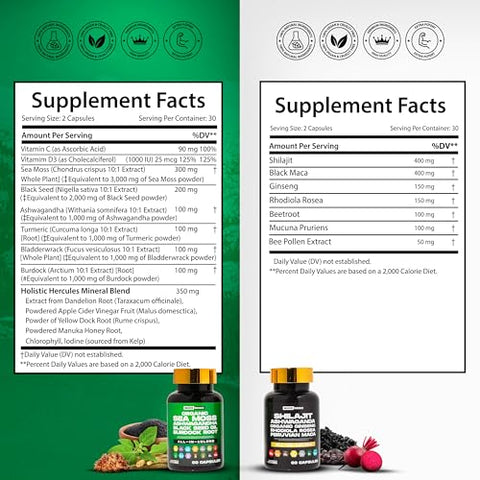 Holistic Hercules - Premium Combo Bundle – Sea Moss 9000mg, Black Seed Oil 6000mg, Ashwagandha 3000mg, Shilajit 12000mg, Black Maca 4000mg, Beetroot 1000mg, Pacote de Suplementos All in 1