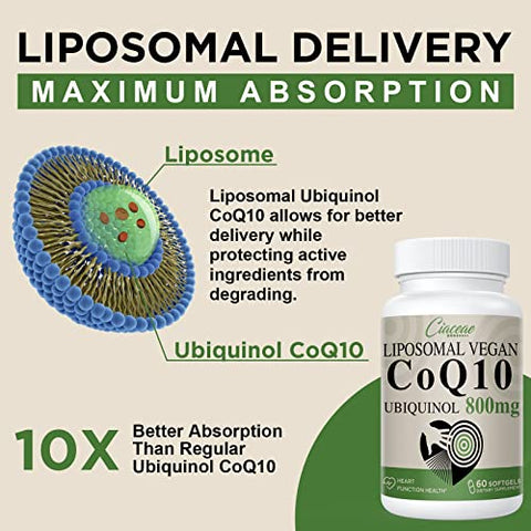 Ciaceae - Liposomal CoQ10 800mg Ubiquinol Softgel – Máxima Absorção, Coenzima Q10 Ubiquinol para Antioxidante e Função Cardíaca – 60 Softgels