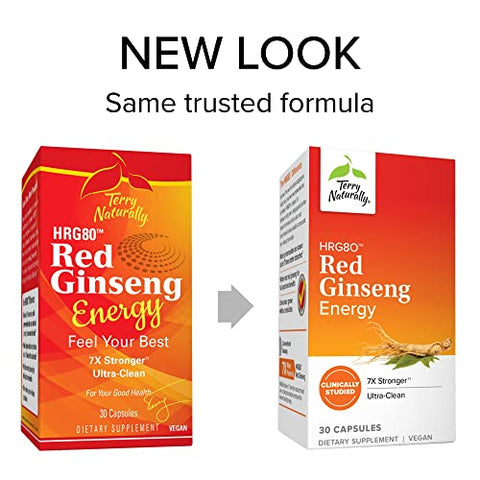 HRG80 Ginseng Vermelho Energético – 30 Cápsulas – Pó de Raiz de Ginseng Vermelho, Panax Ginseng, HRG80 – Não-OGM, Vegano, Sem Glúten – 30 Porções - Terry Naturally