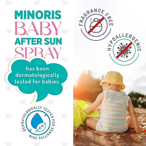 Minoris - Spray Pós-Sol para Bebês – Cuidado Pós-Sol para Bebês, Conteúdo Orgânico, à Base de Óxido de Zinco, Hipoalergênico, Vegano, Recuperação após Exposição ao Sol, Calmante, Cuidado para Queimaduras Solares, 0-6 Meses 100ML