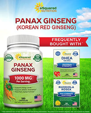 Ginseng Coreano Vermelho Panax (1000mg Máxima Potência) 180 Cápsulas Extrato de Raiz Complexo, Suplemento em Pó Asiático, Alta Dosagem de Ginsenosídeos em Sementes, Comprimidos de - aSquared Nutrition