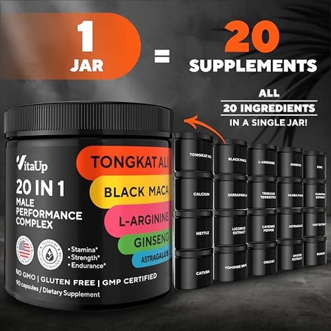 VitaUp - Tongkat Ali 20 em 1 para Homens com Astragalus – Complexo de Desempenho Masculino Feito nos EUA com Raiz de Maca Negra, L-Arginina, Ginseng, Cálcio, Astragalus para Força Normal