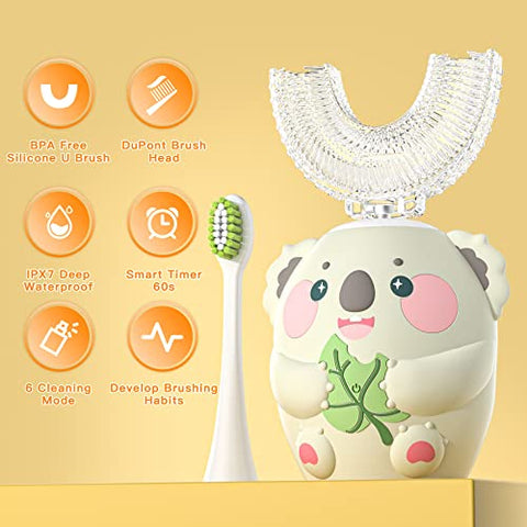 ELOTAME - Escova de Dentes Elétrica em Formato de U para Crianças com Desenhos Animados, 4 Cabeças de Escova, Limpeza Completa de 360 Graus, Escova de Dentes Automática Sônica à Prova d’Água IPX7 (Cinza com Copo, 8-15 Anos)