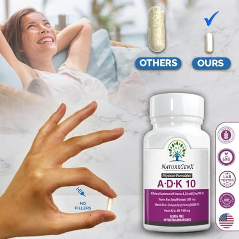 NatureGenX - Suplemento ADK 10 – Vitaminas A, D3 e K2 – Potente Vitamina D3 de 10000 UI com Vitaminas A e K2 para Saúde Óssea, Cardíaca e Imunológica – 90 Cápsulas Fáceis de Engolir (Fornecimento de 3 Meses)