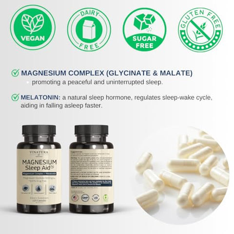 VINATURA - Magnésio para Dormir – Complexo de Magnésio com Melatonina – 500mg de Magnésio Glicinato, Magnésio L-Teanina – 120 Cápsulas