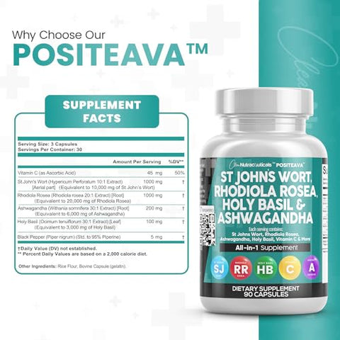 St Johns Wort 10.000mg, Rhodiola Rosea 20.000mg, Holy Basil 3.000mg, Ashwagandha 6.000mg – Suporte para o Humor com Vitamina C – Mulheres e Homens - Clean Nutraceuticals