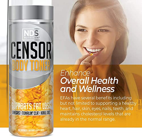 NDS Nutrition – Queimador de Gordura e Modelador Corporal com CLA, Óleo de Peixe, Cártamo e Mistura de Ômega 3-6-9 – Suplemento Dietético para Energia, Metabolismo e Saúde – 180 Softgels - Censor