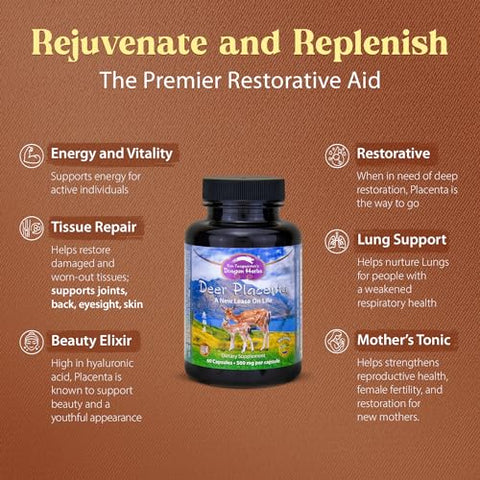 Cápsulas de Placenta de Veado Dragon Herbs | Suplemento de Placenta de Veado para Apoiar Rejuvenescimento, Regeneração e Produção de Sangue | Ingredientes Naturais, Não-OGM (60 Cápsulas, 500 mg)