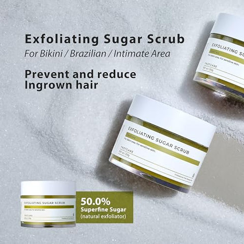 YNOTCARE - Esfoliante de Açúcar para Área Íntima do Biquíni, Pele Sensível, Previne Pelos Encravados e Irritações Após Depilação com Cera e Barbear do Biquíni, Tea Tree/250g