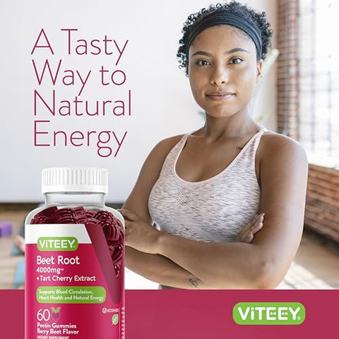 Viteey - Gummies de Beterraba 4000mg Cereja Azeda – Suporte para Pressão Arterial Saudável – Vegano, Sem Gelatina, Sem Glúten – Goma de Beterraba Saborosa e Mastigável