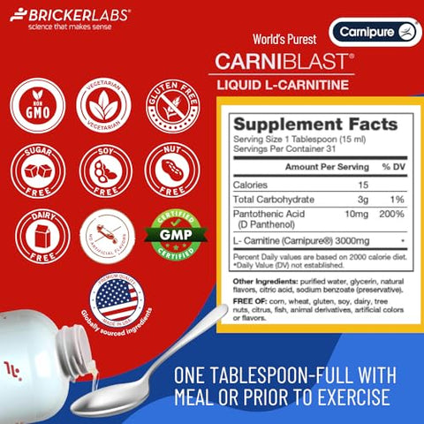 Bricker Labs - CARNIBLAST L-Carnitina Líquida 3000mg, Premium Carnitina Carnipure, Nutrição Energética, Suplemento Energético e Estimulante, Framboesa, 473 ml